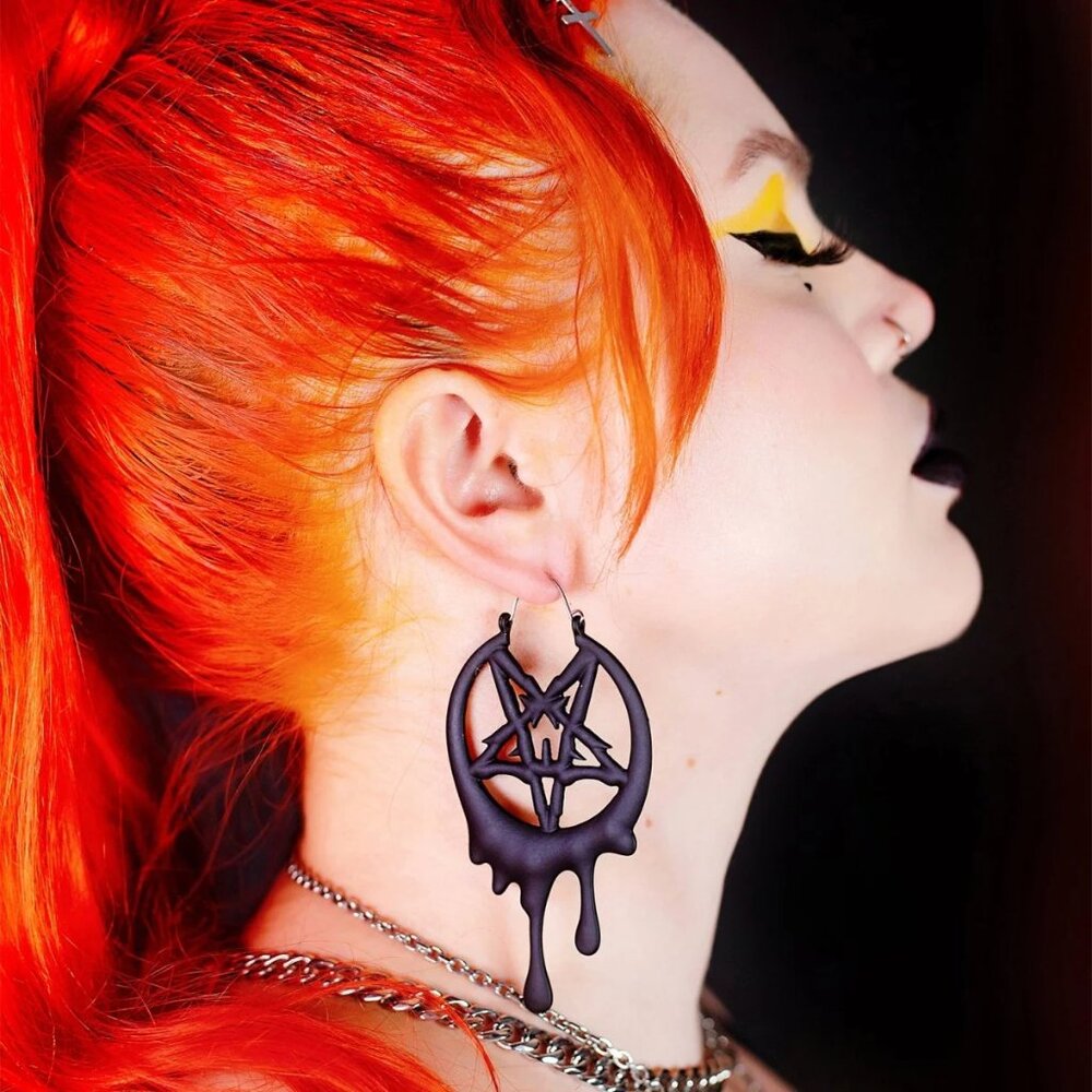 Too Fast Pentagram Hoop Earrings - Drippy Punk Rockabilly Goth Indie Metal Black